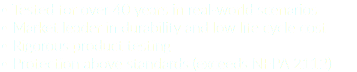 • Tested for over 40 years in real-world scenarios
• Market leader in durability and low life cycle cost
• Rigorous product testing
• Protection above standards (exceeds NFPA 2112)